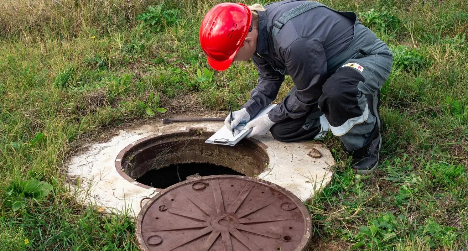 Professional conducting a septic system inspection to check tank and drain field condition